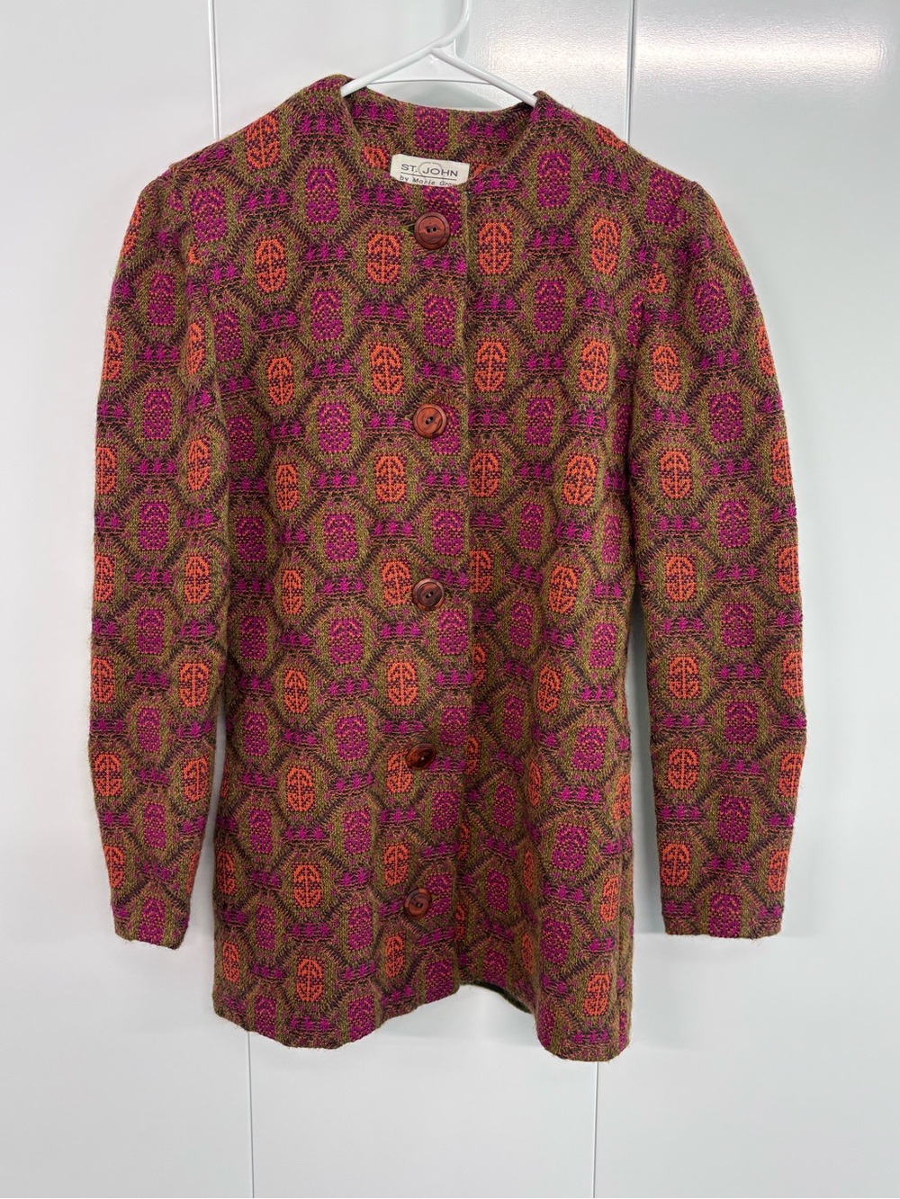 Vintage St. John by Marie Gray Geometric Knit Cardigan Jacket Sweater Brown Pink